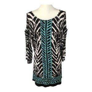Evo Vorro Shift Tunic Dress Abstract Print Artsy Cold Shoulder Long Sleeve Top M